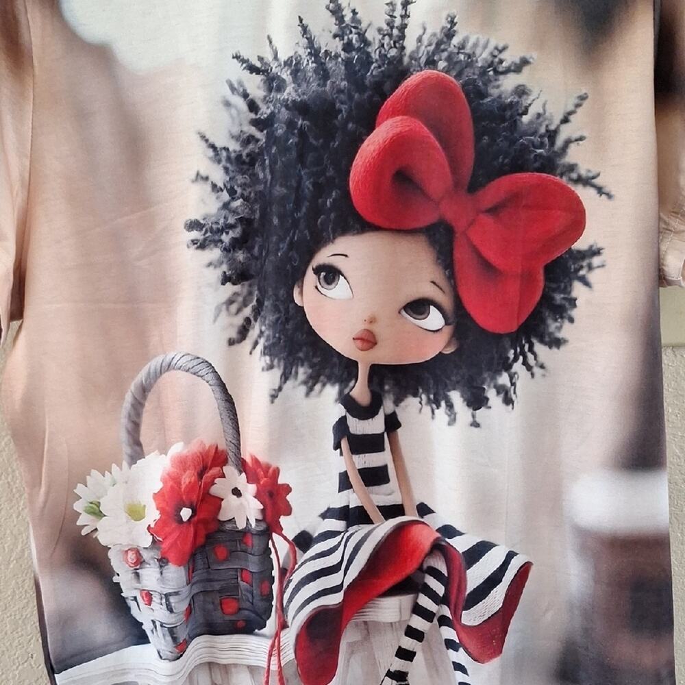 Cute Tee SzXL Short Sleeve Chic Graphic with Red Bow Design